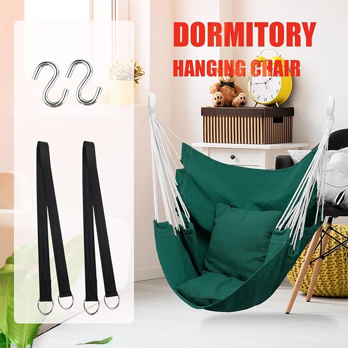 Hommtina Hammock Chair Hanging Rope Swing, Max 300 Lbs Hanging Chair with Pocket & Durability Perfect for Outdoor, Home, Bedroom, Patio, Yard (Pillows NOT Included,Dark Green)