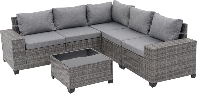 SUNSITT 6-Piece Patio Furniture Set, Outdoor Wicker Modular Sectional Sofa with 7.7-inch Wide Armrests & Thick Comfy Cushions, Glass Top Coffee Table, Rattan Conversation Set, Grey Color