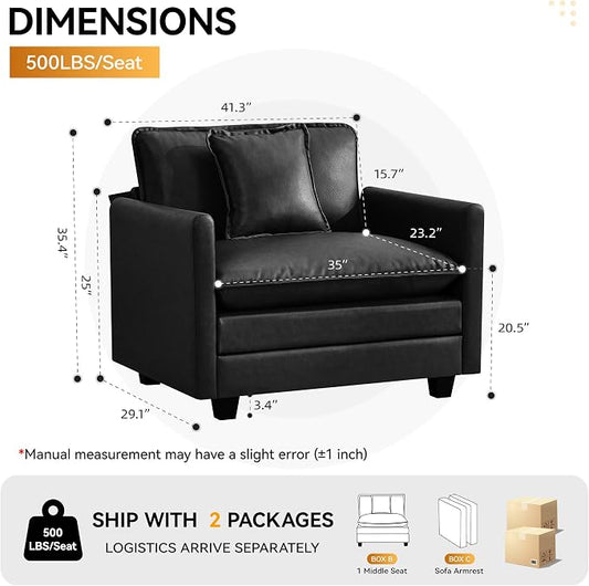 WUTUTUEE 41'' Modern Leather Oversized Chair, Upholstered Accent Living Room Chair with Extra Thicked Deep Seat, Single Lounge Chair for Bedroom, Small Apartment, Leather Black