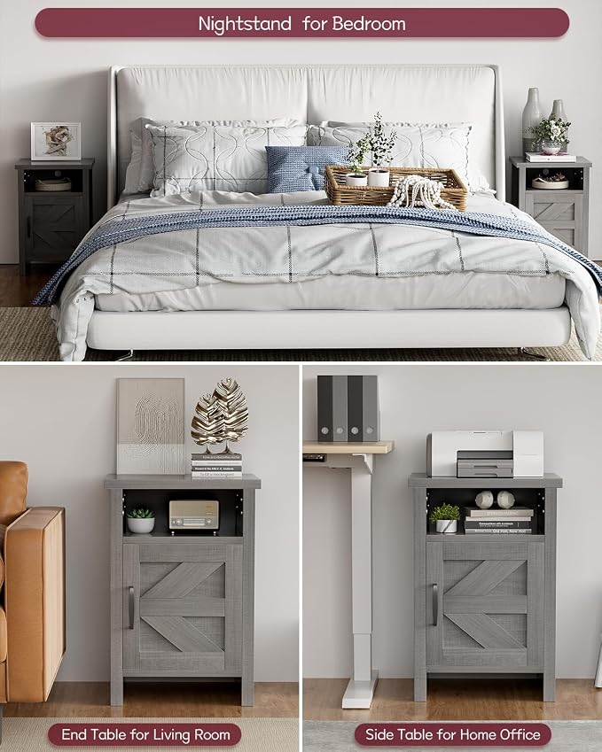YESHOMY Farmhouse Modern Nightstand with Shelf and Barn Door, Set of 2 for Bedroom, Gray