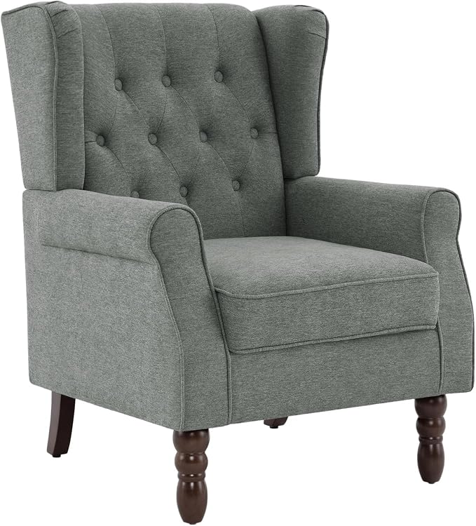 High Back Accent Chair, Fabric Wingback Chair Upholstered Armchair for Living Room, Retro Comfy Single Sofa Bedroom Reading Seat with Solid Wood Legs - Gray