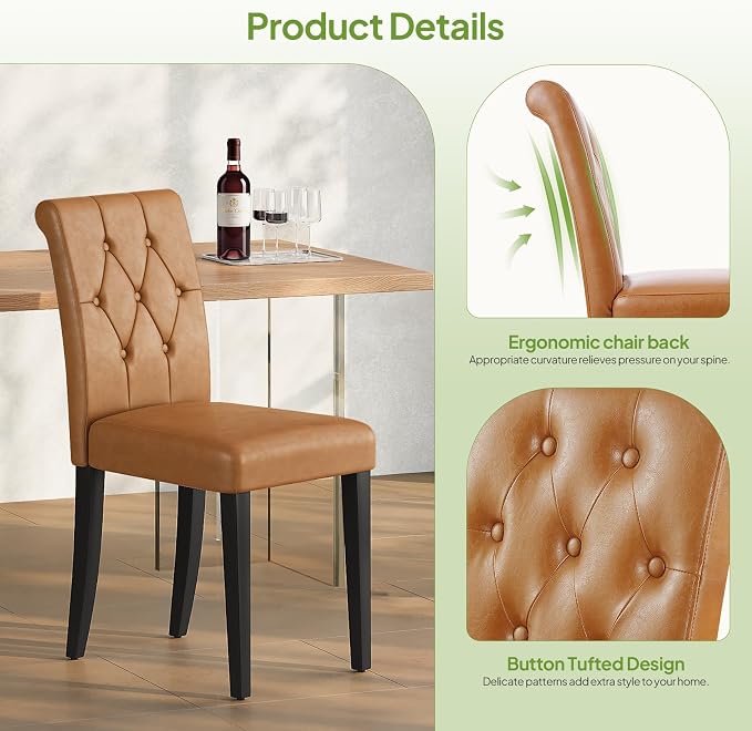 Welzona Upholstered Dining Chairs Set of 4, Button Tufted Parsons Dining Chair with Solid Wood Legs, Modern PU Leather Side Chair for Dining Room/Kitchen/Restaurant/Hotel- Brown