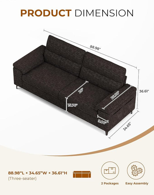 Upvilla 88.97" Modern Sofa Couch for Living Room, Deep Seat Sofa with 8”Cushion, Comfy 2-Seater Chenille Loveseat Sofa with Convertible Armrest, Removable Sofa Cover, High Leg (Dark Gray)
