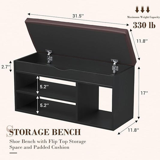 Apicizon Entryway Bench with Shoe Storage, Black, 2-Tier Shoe Rack, Padded Cushion, Wooden Frame