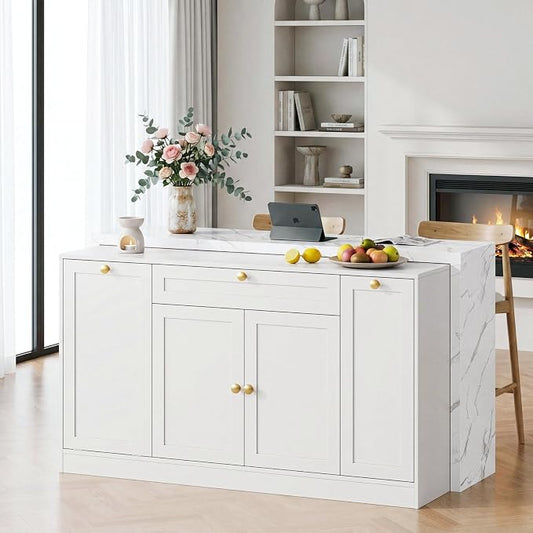 ONBRILL 63" Kitchen Island with Storage, Island Table with Power Outlet & Trash Cabinet, Kitchen Island with Marble Countertop for Kitchen, Dining Room, Living Room, White