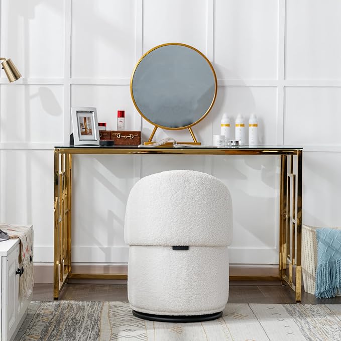 LukeAlon Sherpa Makeup Ottoman with Storage, Upholstered 360° Swivel Vanity Stool with Foldable Backrest Modern Cylindrical Footrest Stool for Living Room Bedroom, White
