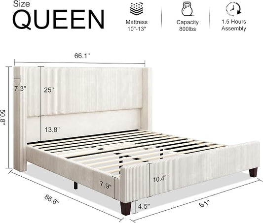 HOWE Queen Size Bed Frame with 50.8 Inch Corduroy Wingback Headboard, Cream | Modern Upholstered Platform Bed, Solid Wood Slats, No Box Spring Needed, Noise-Reducing Design