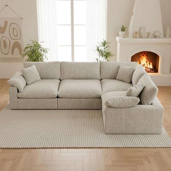 Modular Sectional Sofa, 4 Seater Cloud Couch,Down Filled Comfy Cloud Modern Sofa,Light Beige Linen Oversized Couch Cushion Covers Removable for Living Room