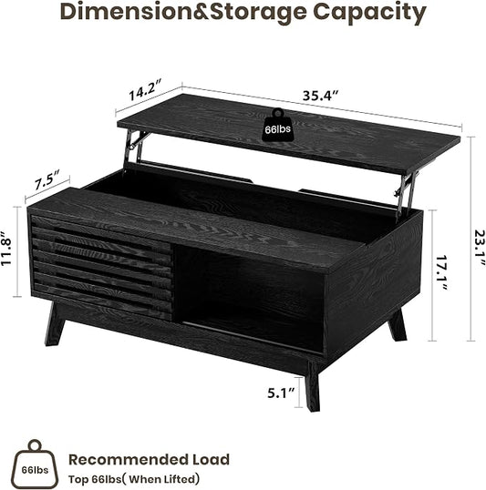 HAIOOU Lift Top Coffee Table, Mid Century Modern Coffee Table with Hidden Storage for Living Room, 35.4" Lift Tabletop Coffee Tables with Sliding Fence Door for Dining Working (Black)