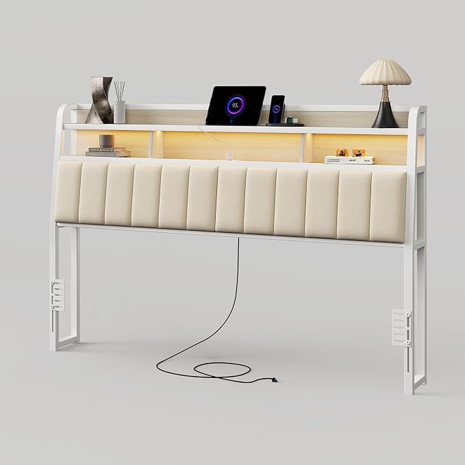 King Headboard Only with Storage, Upholstered Headboards for King Size Bed with LED Light, Charging Station, Height Adjustable, Sturdy and Stable Headboard, Off White