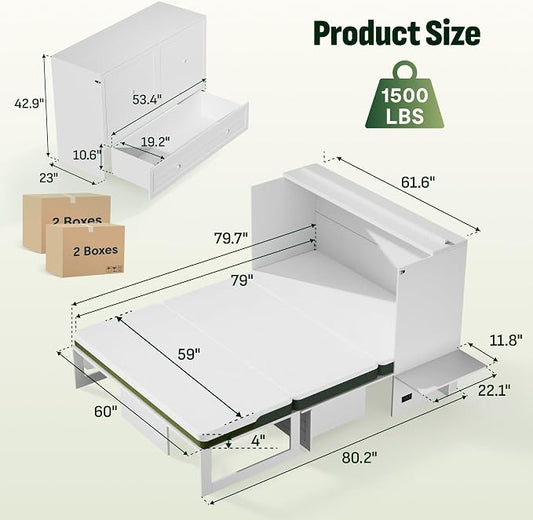 Softa Queen Murphy Bed Cabinet with 4" Tri-Fold Mattress, Storage Drawer & Charging Station, 1200 Lb Heavy Duty Wood Wall Bed with Fold-Down Desk for Guest Room & Home Office, No Box Spring Needed