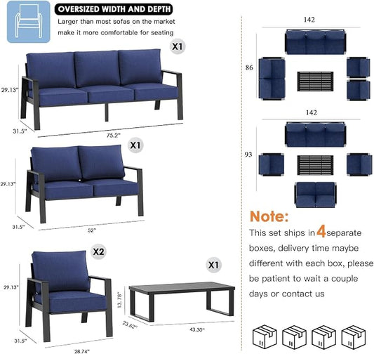 Aluminum Outdoor Patio Furniture Set, 5 Piece Sectional Coversation Sets with Coffee Table, Modern Outdoor Sofa Couch with Thick Cushions for Porch, Balcony, Garden (Black/Blue, 5 Pcs Set)
