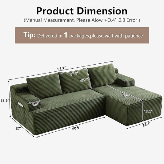 96" Cloud Sectional Couch with L-Shape Chaise, Modular Comfy Sofa Chaise Longue, Upholstered Corduroy Couches Sleeper with Deep Seat for Living Room Bedroom, No Assembly Required(Green, Right Facing)