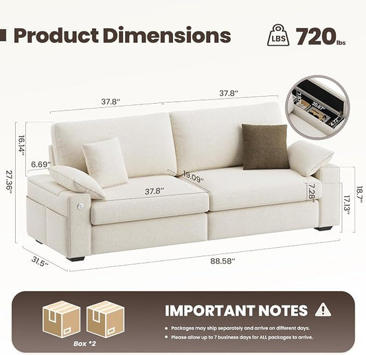 MALOL 89" Loveseat Couch, 3 Seater Upholstered Midcentury Mondern Love Seat with USB Type C Ports, 4 Pillows and Storage Armrest Cloud Foam Sofa for Living Room/Small Spaces, Beige | Breathable material