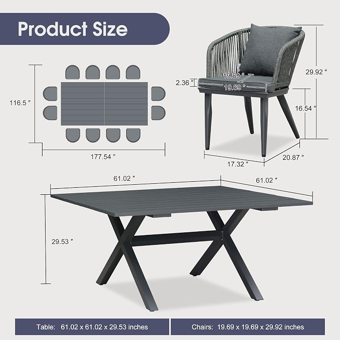 PURPLE LEAF 14 Pieces Patio Dining Set Wicker Outdoor Furniture Oversize Rectangular Table and Chairs Set for Garden Deck Aluminum Frame Backyard Kitchen Set, Cushions and Pillows Included Grey