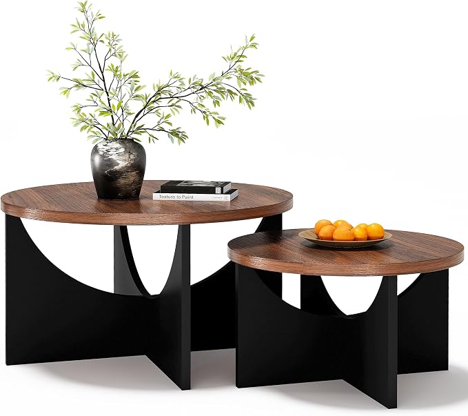 LIKIMIO Nesting Coffee Tables Set of 2, 31.5" Round Side Tables for Living Room, Wooden End Table, Walnut