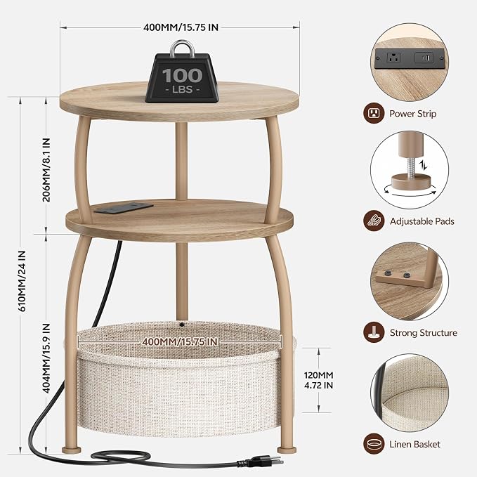 Round Side Table with Charging Station, USB Type C Port, Oak | End Table with Power Outlet,15.75 in Small Round Table with Basket, Space Saving, 3-Tier Small Table for Bedside, Sofa