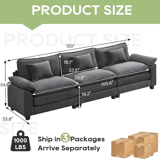 Oprisen 120" Modular Sectional Sofa, Comfy Cloud Couch Sectional Sofa, Velvet Sofa Sleeper Deep Seat Sofa with Throw Pillows for Living Room (Blue Gray, 120"- 3 Seater)