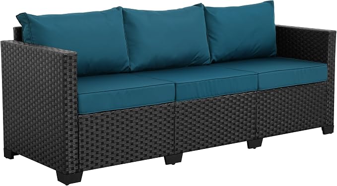 Rattan Star Outdoor Furniture Couch 3 Seater Sofa Outdoor Wicker Sofa Deep Seat High Backrest Patio Couch with Non-Slip Cushions Waterproof Cover, Peacock Blue