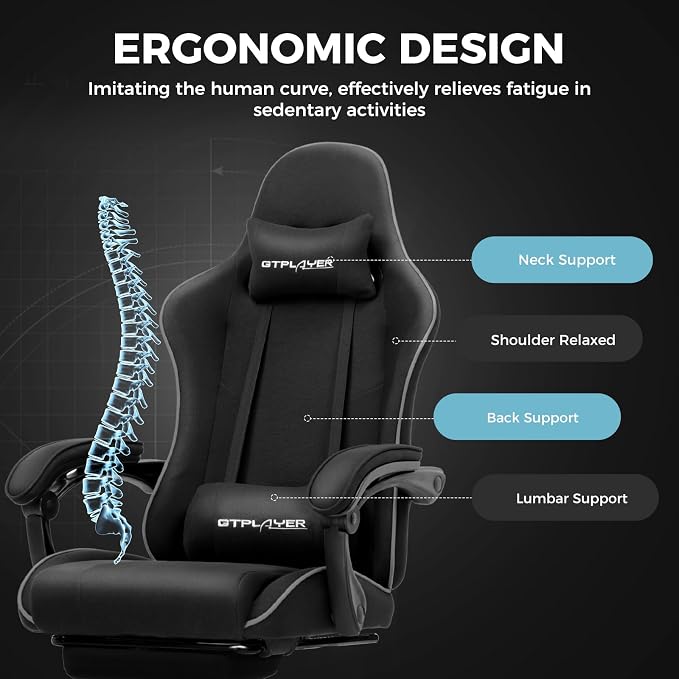 GTPLAYER Gaming Chair with Footrest, Computer Chair with and Lumbar Support, Height Adjustable Game Chair with 360°-Swivel Seat and Headrest and for Office or Gaming (All Black-Fabric)