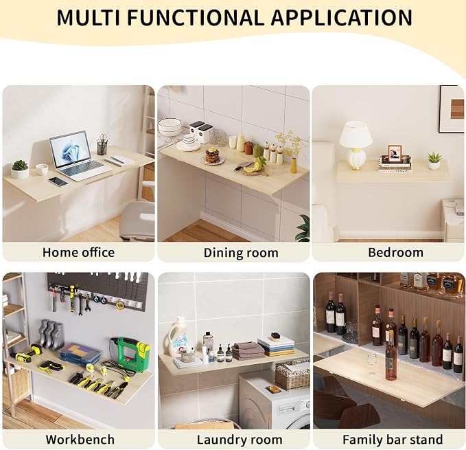 GOYLSER Wall Mounted Folding Kitchen Table Desk for Small Spaces Saving, Natural Wood Fold Down Laundry Wall Table, Wall Folding Portable Workbench Worktable, 47" x 20.5"