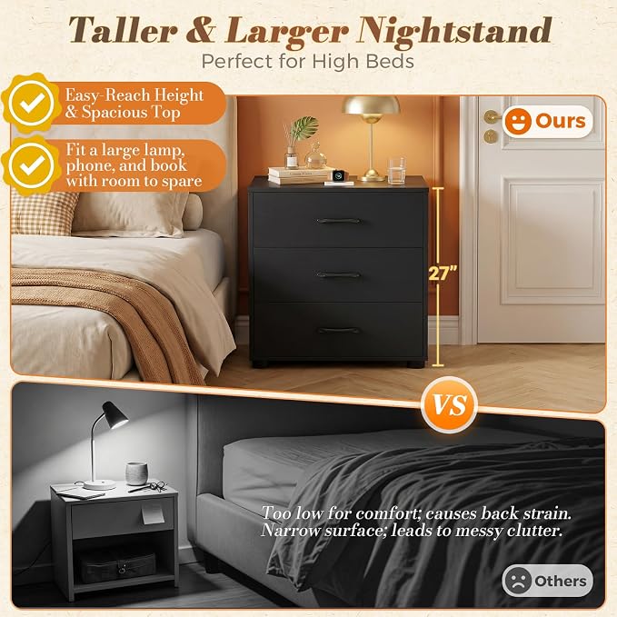 Aheaplus Night Stand Set of 2 with Charger Station, 21.7'' Wider Nightstands with 3 Wooden Drawers, Large Tall Bedside Table, Modern End Side Table Set, Nightstand for Bedroom, Black