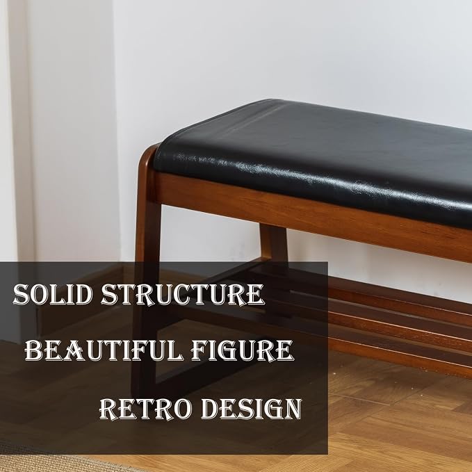 latifolia Solid Wood Bench, Entryway Shoe Bench with Cushion, Flip-Open Storage Compartment, 2-Tier Shoe Organizer(Black,21.65''L)