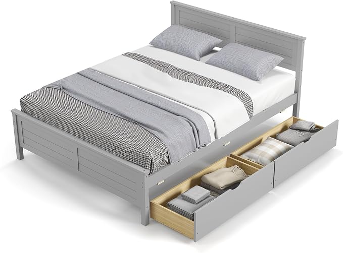 KOMFOTT Full Size Wood Bed Frame with 2 Storage Drawers, Mid Century Platform Bed Frame with Headboard, Sturdy Wooden Slats Support, Modern Mattress Foundation, No Box Spring Required, Easy Assembly