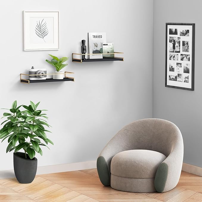 Forbena Black and Gold Bathroom Floating Shelves for Wall, Decorative Wall Mounted Shelves for Kitchen Coffee Bar Station Organizers and Storage, Hanging Shelving Unit for Bedroom Living Room (2-Pack)