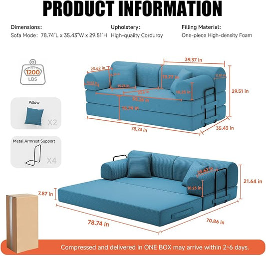 78.8" Memory Foam Boneless Couch, Corduroy Floor Sofa Bed, Convertible Sleeper Futon Loveseat, Wide Armrests & Back Support, Supports Up to 1200 lbs, Couch in a Box with 2 Pillows, Ocean Blue
