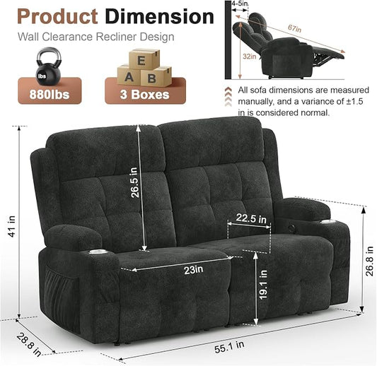 Reclining Loveseat, 55.1" RV PU Leather Wall Hugger Recliner Love Seats Sofa with Charging Station, Removable Armrest, Cup Holder, Double Recliners Couch, Manual Love Seat for Living Room