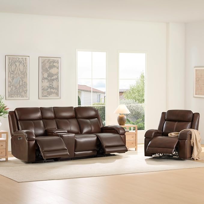 Watson & Whitely Genuine Leather Power Recliner Sofa, 3 Seater Wall Hugger Reclining Sofas with Storage Console, Power Headrest, USB, Electric Recliner Couch Set for Living Room, Dark Brown