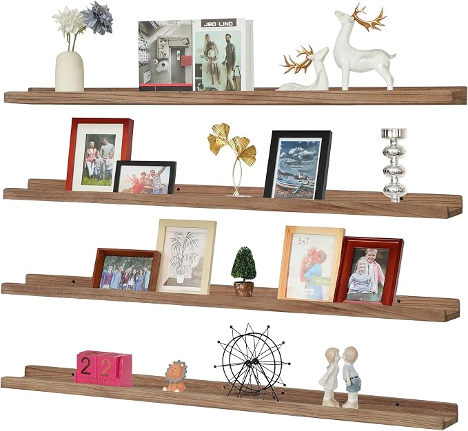 Long Floating Shelves for Wall 47 Inch,Real Wood Picture Ledge Shelf with Lip Set of 4,Photo Frame Storage Display for Living Room Nursery Room Bedroom Bathroom Kitchen Decor(Carbonized Black)