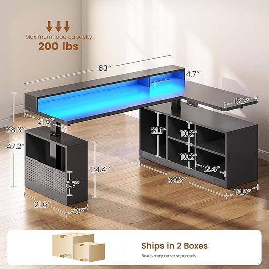 SEDETA L Shaped Gaming Standing Desk, 63 inch Height Adjustable Office Executive Desk with Storage Shelves and Monitor Stand, Computer Gaming Desk with Power Outlet, LED Lights for Home Office, Black