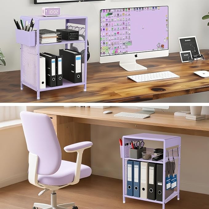 Purple Nightstand, End Table with Hooks and Holder, Kids Nightstand for Bedroom, Toddler Bedside Table, Small Desk for Girls, Coffee Table for Living Room, Dorm, Office (Purple)