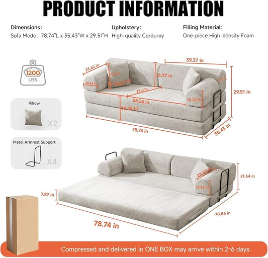 78.84" Boneless Couch with Memory Foam, Corduroy Convertible Loveseat for Apartment Living Room, Floor Sofa Bed,1200 lb, Vacuum Packed Couch in a Box, Light Camel