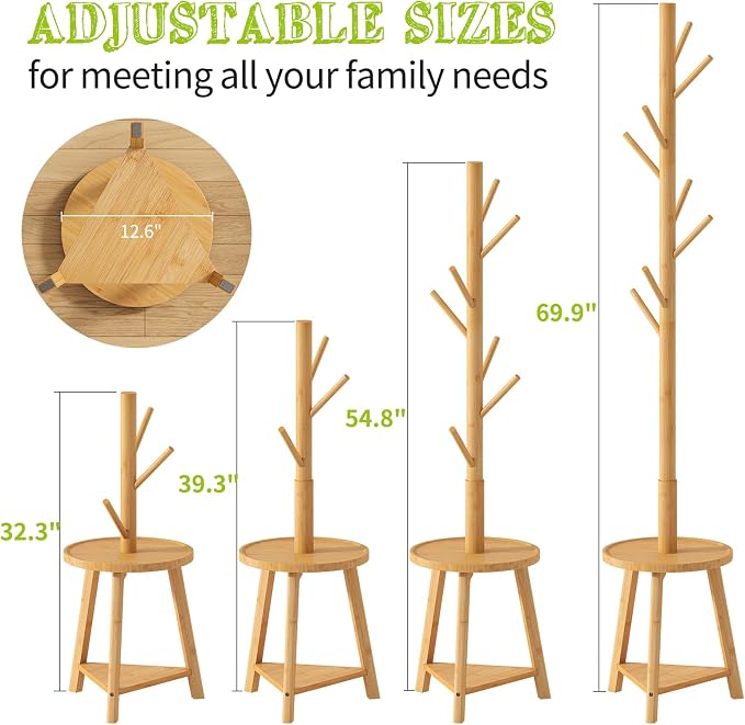 BMOSU Coat Rack freestanding Stand with 2 Shelves Bamboo Wooden Coat Tree Easy Assembly 8 Hooks Standing Jackets Hanger Hallway Office Floor Coat Stand Nature