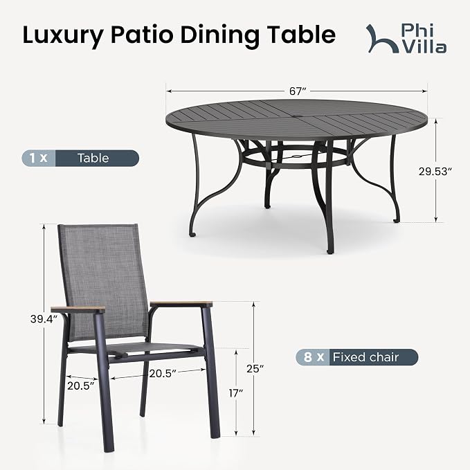 PHI VILLA Outdoor Dining Set for 8, Round Patio Table and Chairs Set, 9 Piece Patio Furniture Set with Metal Table & Lightweight Stackable Chairs for Deck Yard Garden