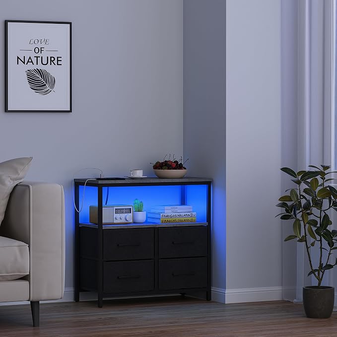 TUTOTAK LED Night Stand with Charging Station, Large Nightstand with USB and Type-C Port, Bedside Table with Cloth Drawers, End Table for Livingroom, Bedroom, Charcoal Grey TB01BY081L