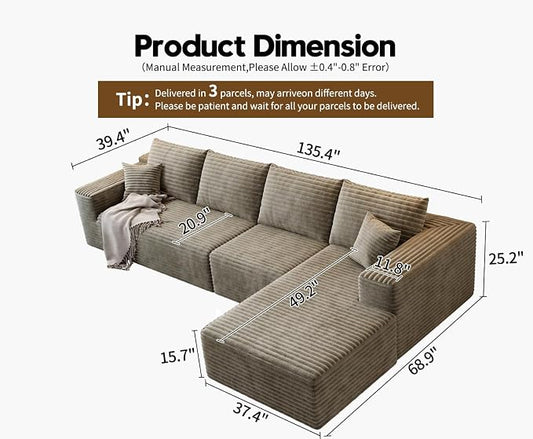 135.4" Cloud Modular Sectional Sofa Couch with L-Shape Chaise,Modern Minimalist Upholstered Couches for Living Room Bedroom,Deep Seat Corner Couch,No Assembly Required (Camel,Right Facing Chaise)