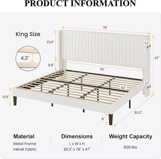 SHA CERLIN King Size Velvet Bed Frame with Vertical Channel Tufted Wingback Headboard, Upholstered Platform Bed with Wood Slats, No Box Spring Needed, Easy Assembly, White