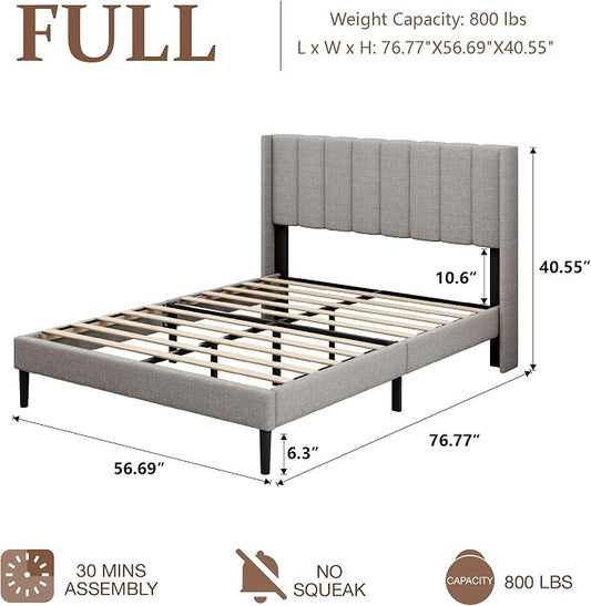 Sismplly Full Size Bed Frame and Headboard,Vertical Channel Tufted Wingback No Box Spring Needed, Mattress Foundation, Easy Assembly Light Grey, Linen