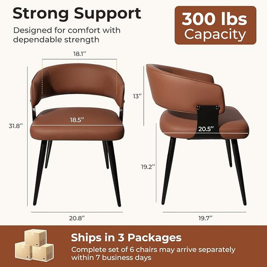 Dining Chairs Set of 6, Modern Upholstered Faux Leather Kitchen Chairs with Curved Back, Easy to Assemble & Clean for Dining Room, Restaurant, Cafe, Brown