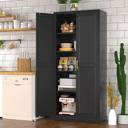 Polup Pantry Cabinet, 71 Inch Tall Kitchen Storage Cabinet, Metal Pantry Cabinet with Doors and Adjustable Shelves, Freestanding Heavy Duty Steel Utility Cupboard for Garage, Laundry, Black