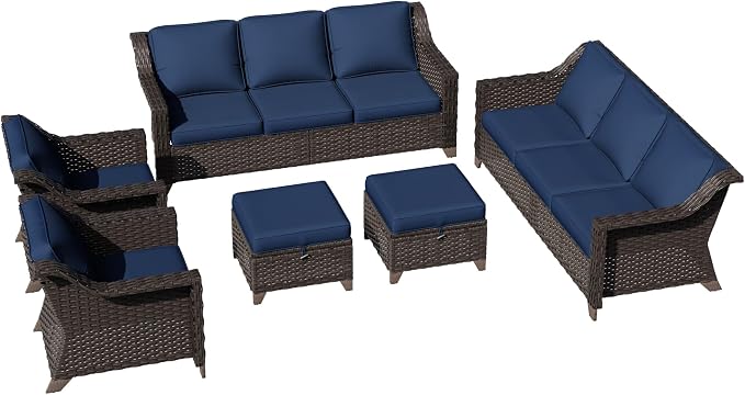 6 Pieces Patio Conversation Furniture Set - 2 Sofas, 2 Armchairs, 2 Ottomans, Outdoor Wicker Furniture with Removable Cushions for Porch, Balcony, Sunroom (Blue)