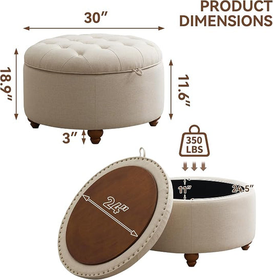 WUTUTUEE 30Inch Round Storage Ottoman with Tray, Modern Tufted Fabric Circle Coffee Table with Storage, Upholstered Ottoman with Removable Top for Living Room, Bedroom, Khaki