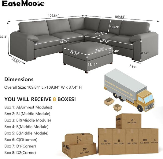 EASE MOOSE Oversized Corner Modular Sectional Sofa with Ottoman, Faux Leather Sectional Sofa with Deep Seat, Scratch Resistant Faux Leather Material, Extra Large L Shaped Couch, Grey