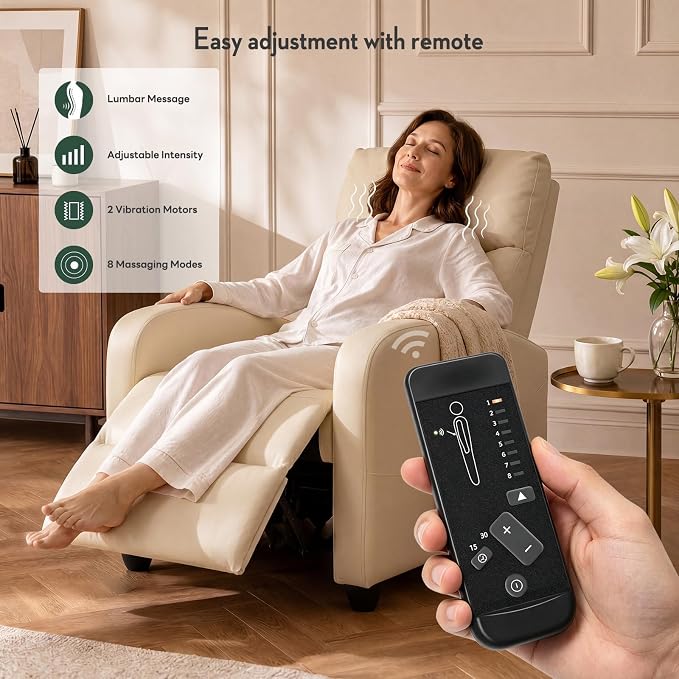 Massage Recliner Chair, Recliner Sofa Fabric for Adults, Recliners Home Theater Seating with Lumbar Support, Reclining Sofa Chair for Living Room, Cream