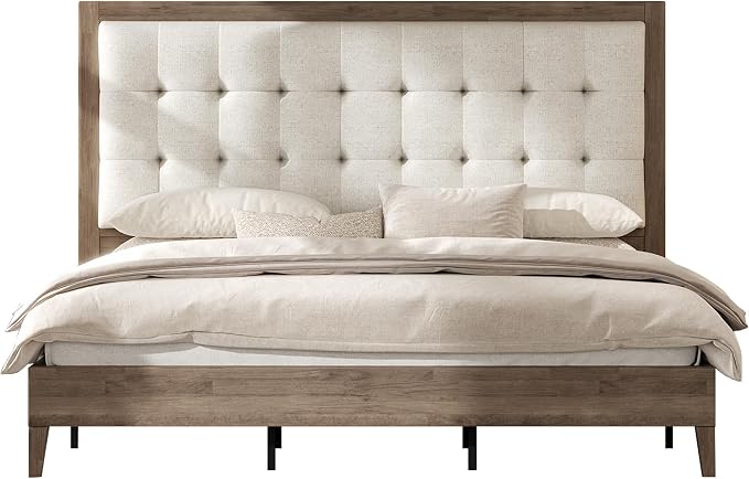 AMERLIFE King Size Bed Frame and Headboard, Solid Wooden Bed Frame King Size Platform Bed Frame Mid-Century Style, No Box Spring Required, Ash Gray