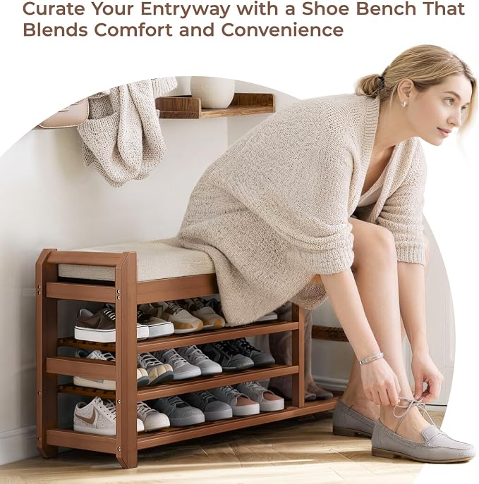 39.4" Bamboo Shoe Bench with Cushion, 6 Hooks Coat Rack, 3-Tier Adjustable Storage Bench for Entryway, Heavy Duty Shoe Rack Organizer with Removable Soft Cushion for Living Room Bedroom Hallway